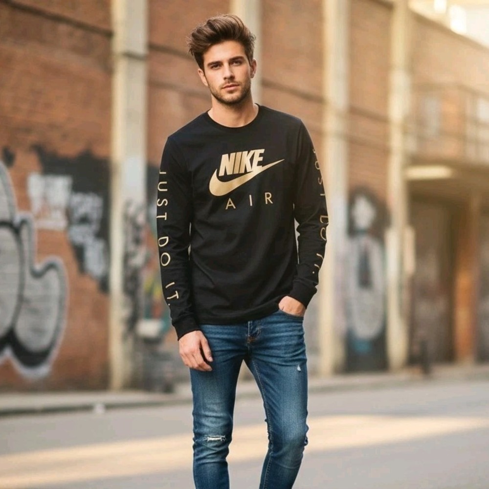 New Nike Air Futura Reflective Long Sleeve T-Shirt Black Metallic Gold Shirt S